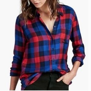 Lucky brand women’s blue and red plaid flannel button up tunic top size medium